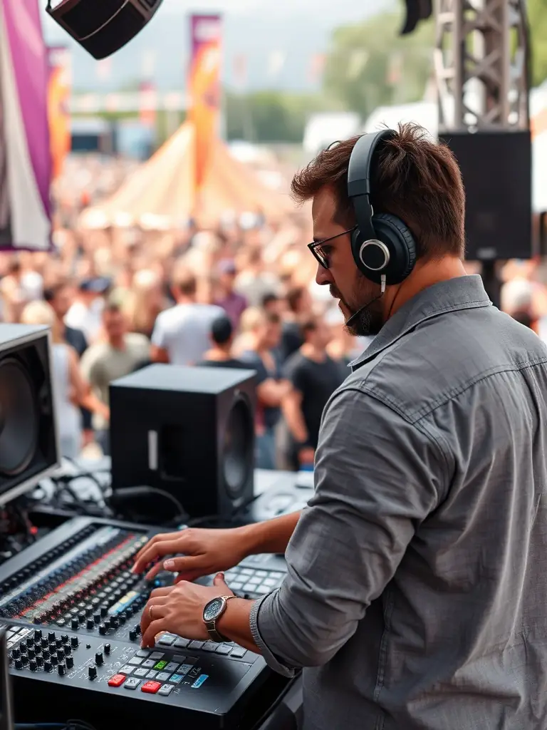 A photo of a sound engineer from F.D.P.S.E.S.A. working diligently at a local festival, ensuring optimal sound quality for the performers and audience.