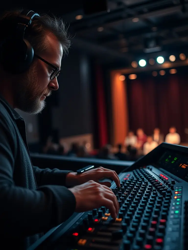 A photograph of a sound engineer meticulously adjusting audio settings during a sound check for a theatrical performance.