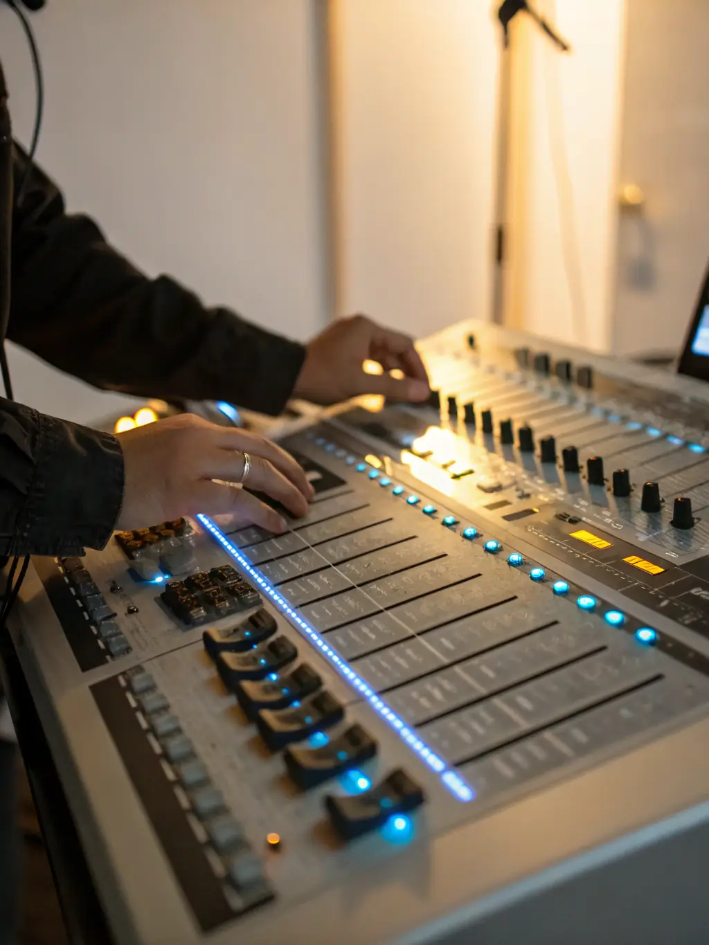 A vibrant image of a sound engineer working diligently at a mixing console during a live music festival, capturing the energy and precision involved in live sound engineering.