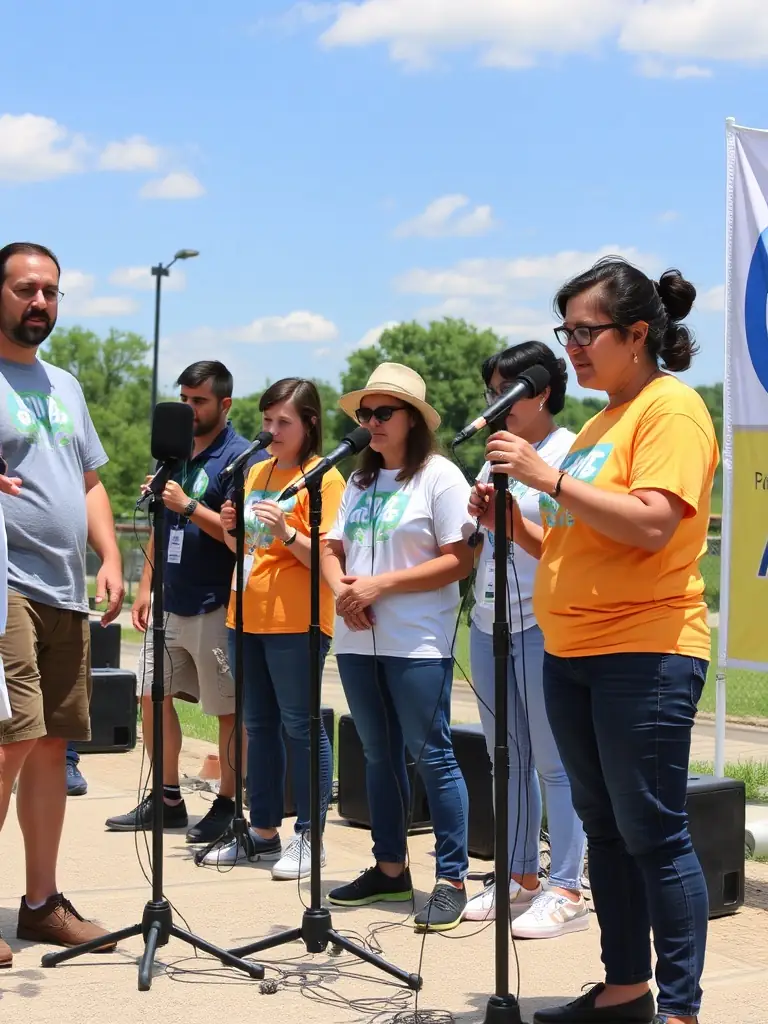 A picture of volunteers setting up sound equipment for a local charity event, demonstrating the organization's commitment to giving back to the community.