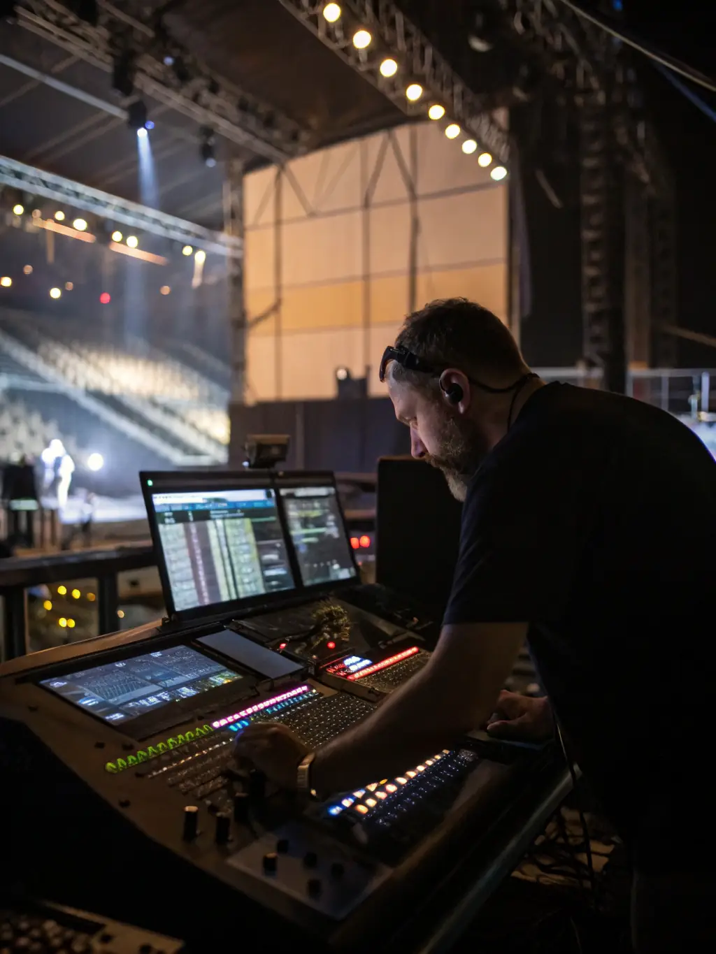 A photo of a sound engineer from F.D.P.S.E.S.A. carefully adjusting audio levels during a community theater performance, demonstrating their commitment to quality sound.