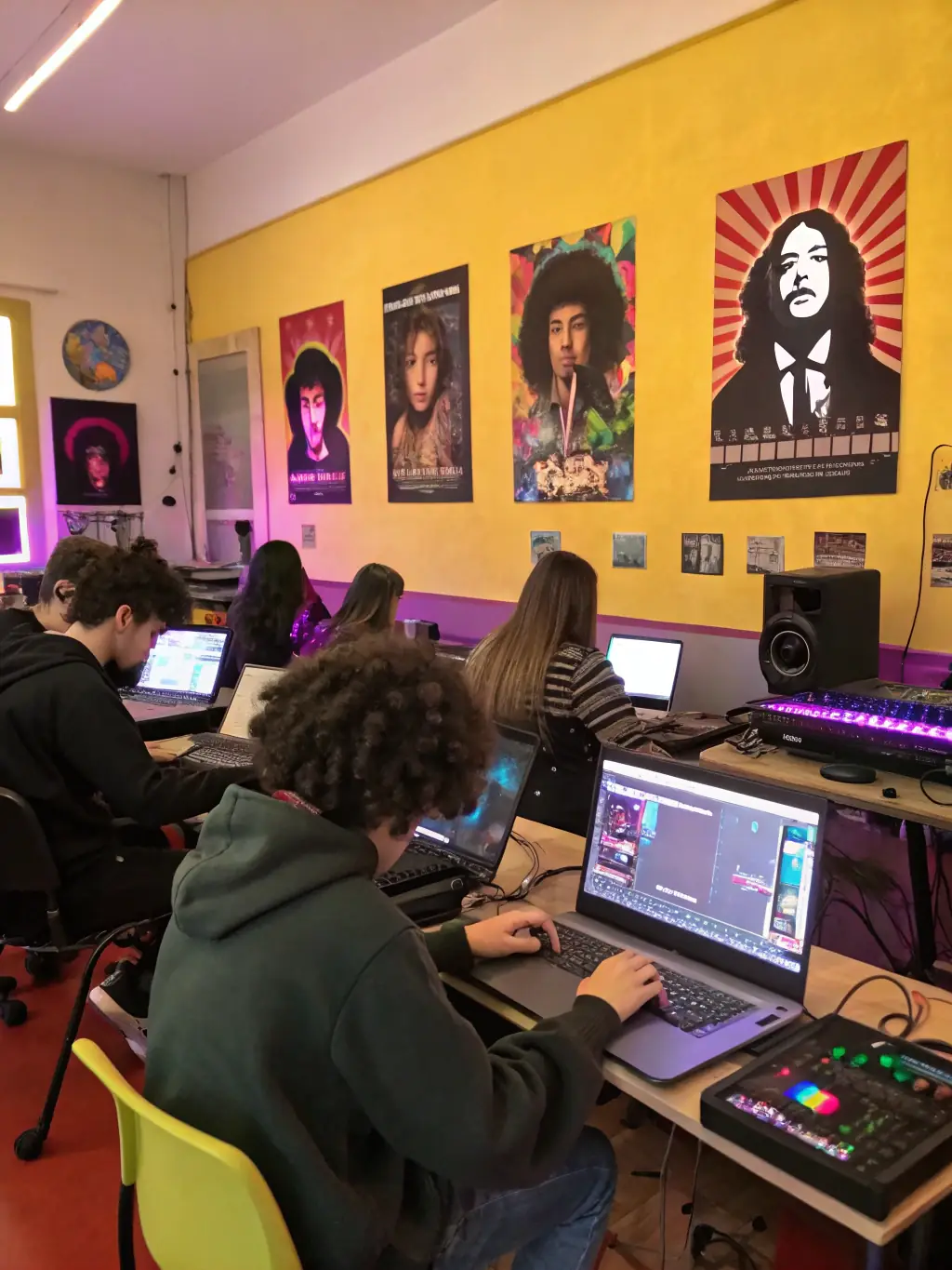 A picture of a workshop where F.D.P.S.E.S.A. is teaching young people about sound engineering, highlighting their educational outreach efforts.