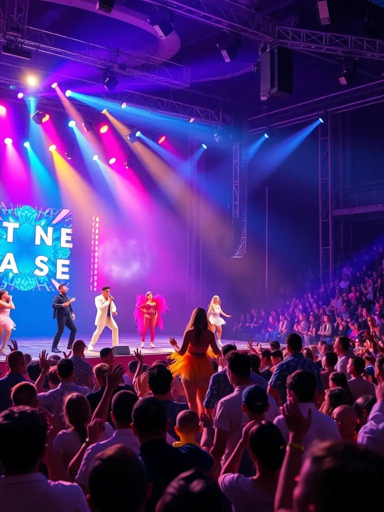 A dynamic image of a cultural event supported by F.D.P.S.E.S.A., showing diverse performers and a large, engaged audience, emphasizing the organization's impact on cultural experiences.