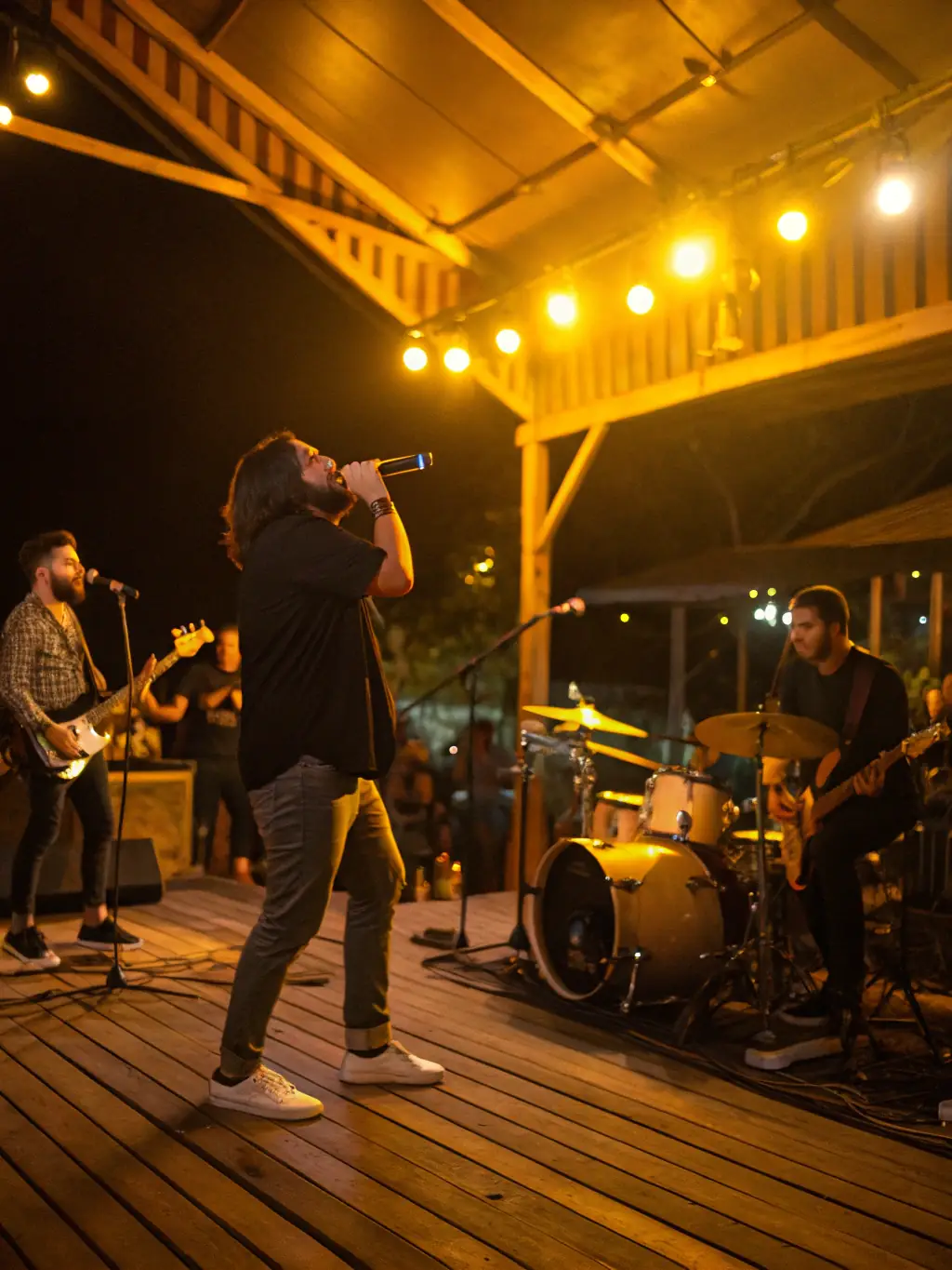 A picture of a band performing on stage with professional sound equipment, highlighting the clarity and quality of the audio setup.