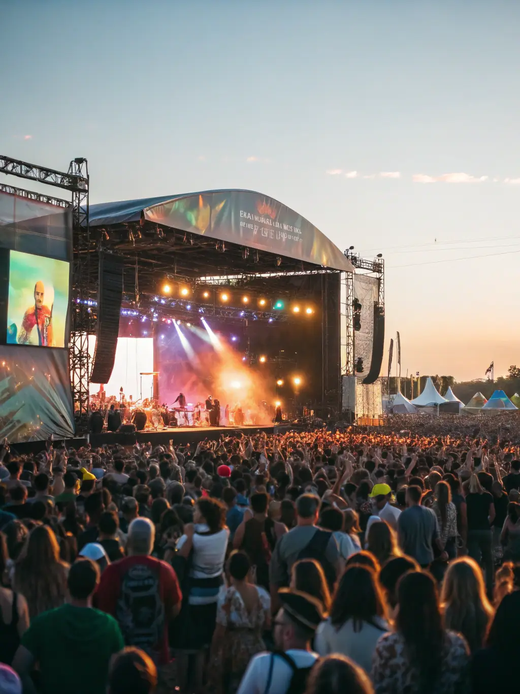 A vibrant image of a live music festival, showcasing a diverse crowd enjoying the performance with high-quality sound equipment visible on stage.